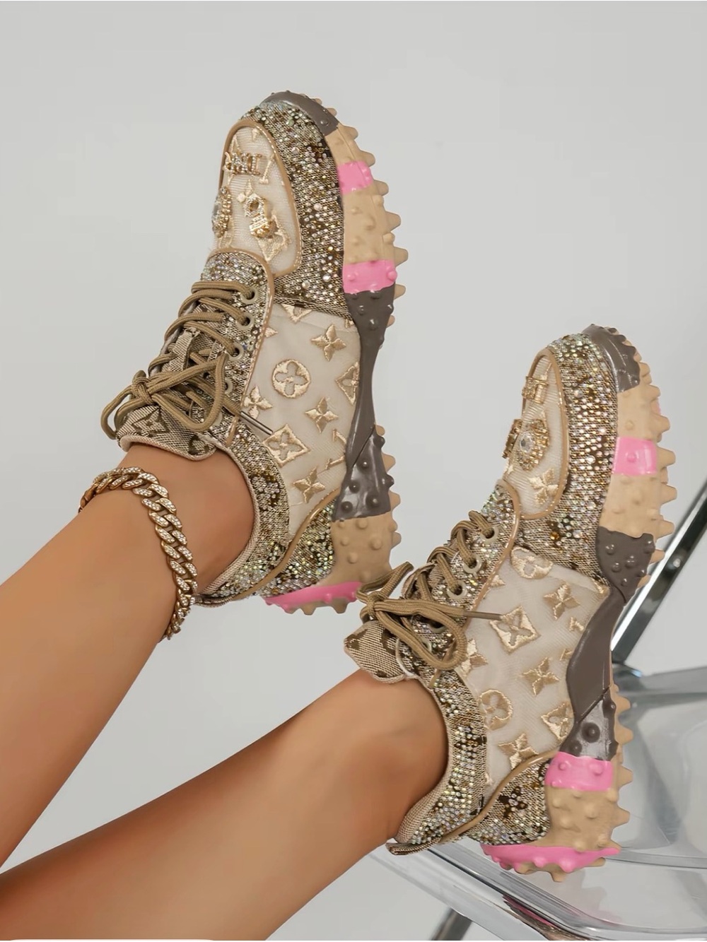 Gold Rhinestone Embellished Chunky Sneakers Size 36 – Brand New